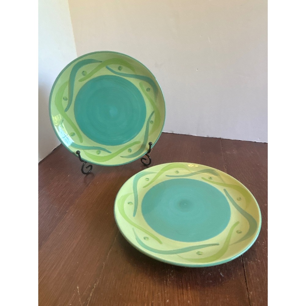 Gail Pittman Hand Painted Ceramic Salad Plates Set of 2 Teal Lime Green 8 Inch